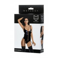 Боди Glossy из материала Wetlook на шнуровке, черный, М
