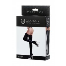 Чулки Glossy из материала Wetlook со вставкой из кружева, черный, S